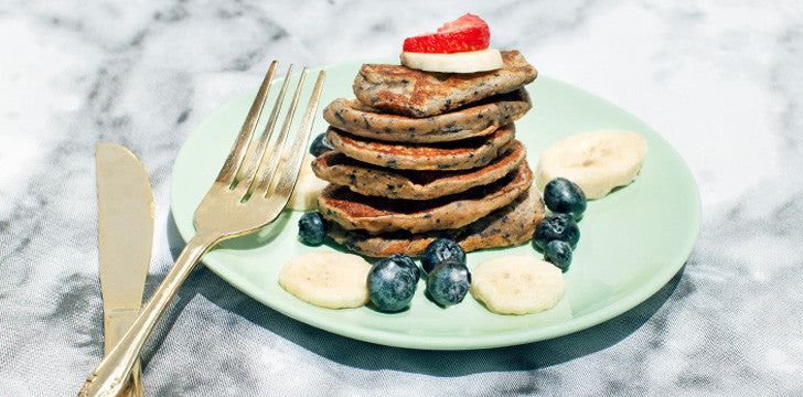 Super Sakara-fied Antioxidant Blueberry + Vanilla Pancakes w/ Matcha Syrup (Recipe)